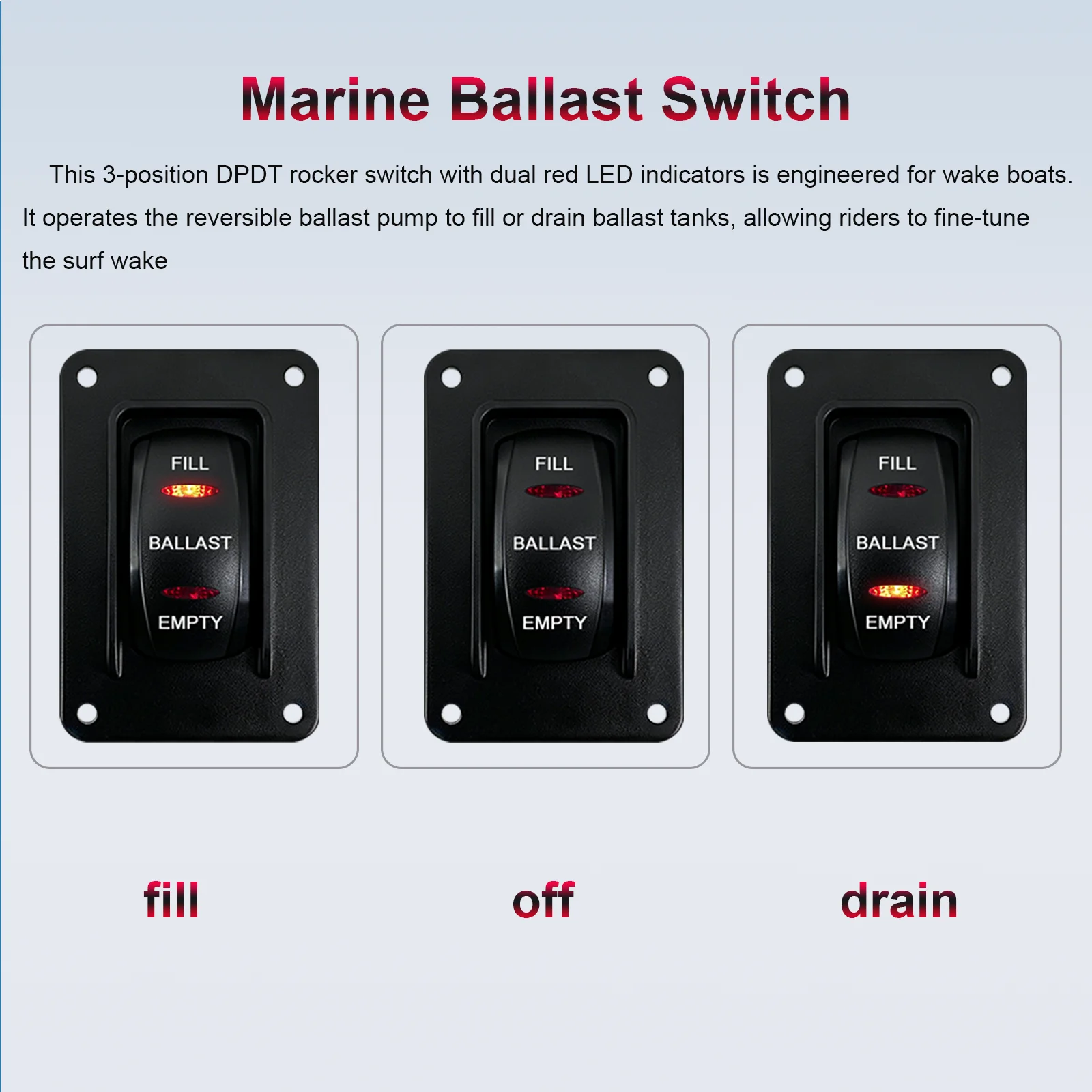 Waterproof DPDT Ballast Rocker Switch 12V FILL EMPTY Toggle Red LED for Wake Boat Ballast Pump Motor  & Automotive Water Pump