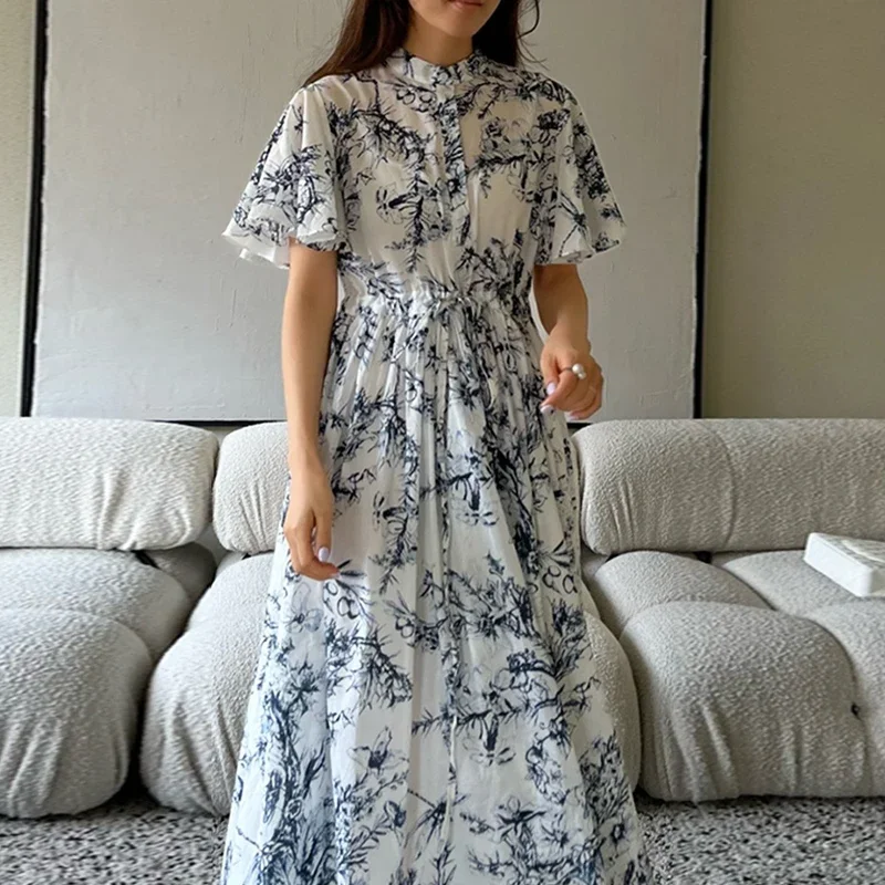 Vintage Printed Dress Women Chic Summer Drawstring Elegance Clothing Ladies O-neck Luxury Design Dresses Female Korean