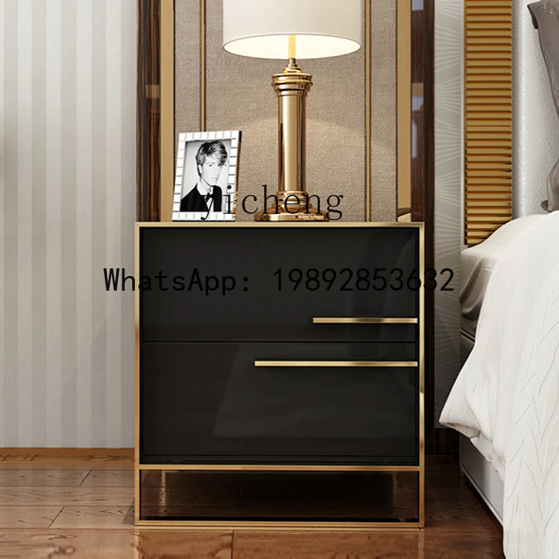 X6 Bedside Table Black and White Glossy Lacquer Stainless Steel Gold Plated Bedroom 40cm Storage Cabinet
