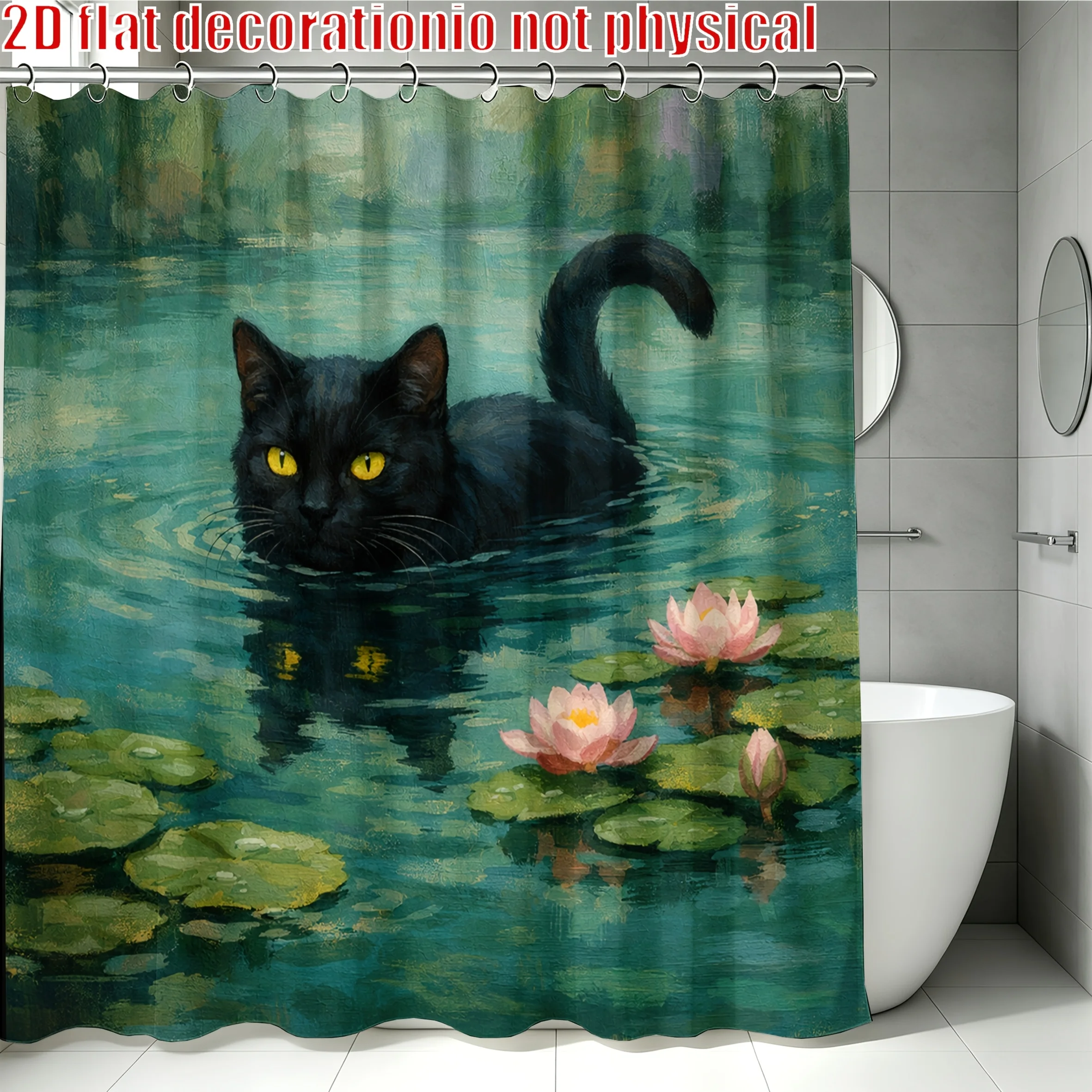 Cute Black Cat Swimming in Pond with Pink Lotus Flowers Bathroom Shower Curtain Waterproof Decoration