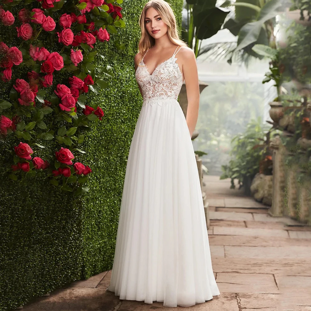 Classic V-Neck  Spaghetti Straps Wedding Dress Sleeveless Illusion Applique Chiffon Sexy Backless Bridal Zipper A-Line Gowns