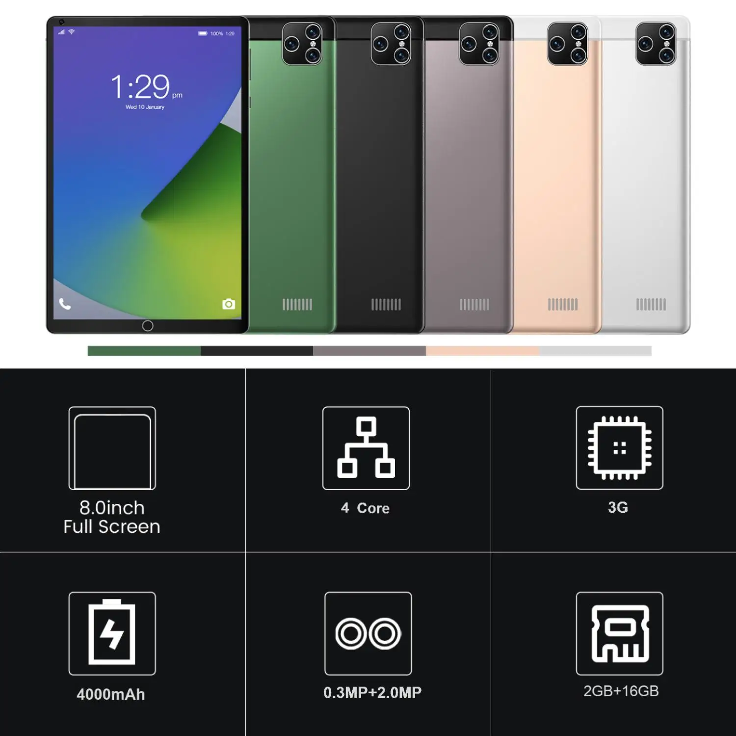 8인치 태블릿 컴퓨터, 2GB+16GB, 1280*800,4000mAh 배터리, 듀얼 SIM Wi-Fi, 학습, 엔터테인먼트, 사무 작업 등에 적합