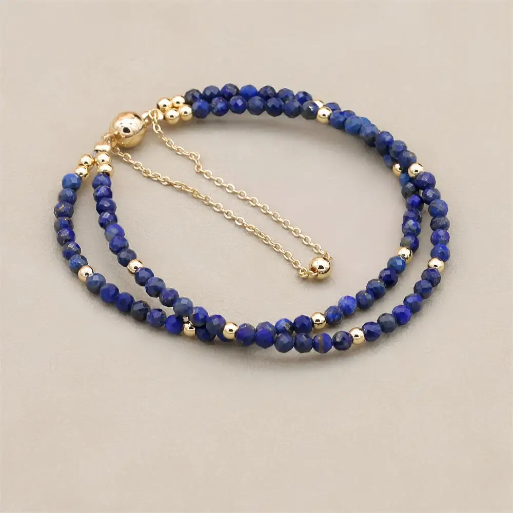 3MM Double Layer Natural Lapis Lazuli Beads Magnetic Buckle Gold Plated Charm Strand Bracelets Handmade Women Jewelry view 2
