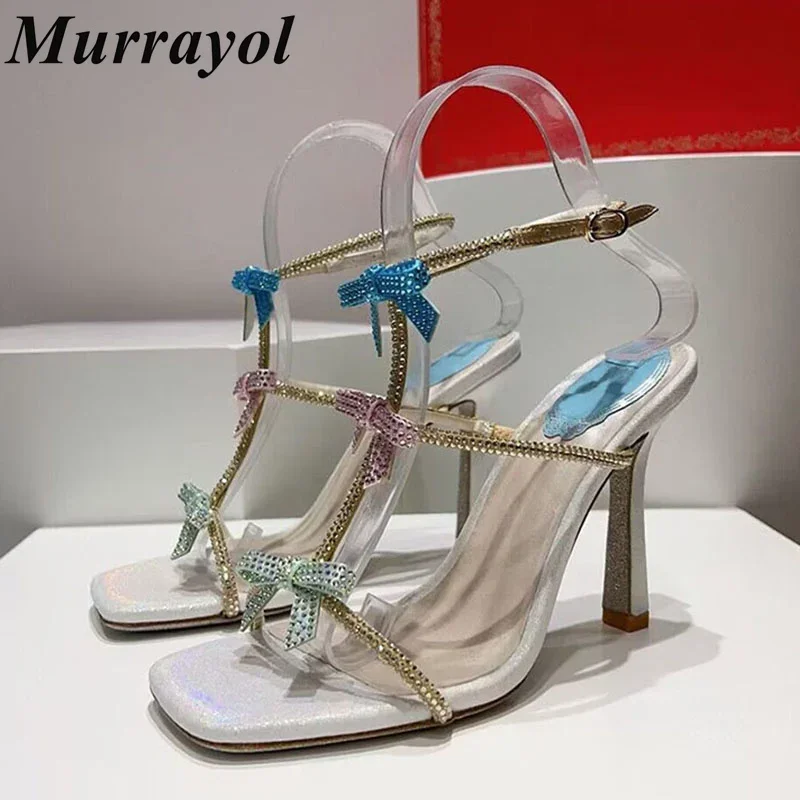 Open Toe Thin High Heels Sandals Women's Real Leather Butterfly-knot Rhinestone Decor Sandalias Summer Vacation Dress Shoes