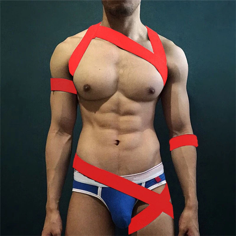 2 Style Sexy Men\'s One-Piece Chest Harness Bondage Straps Elastic Halter Lingerie Leg Restraint Belt with Arm Wrist Band