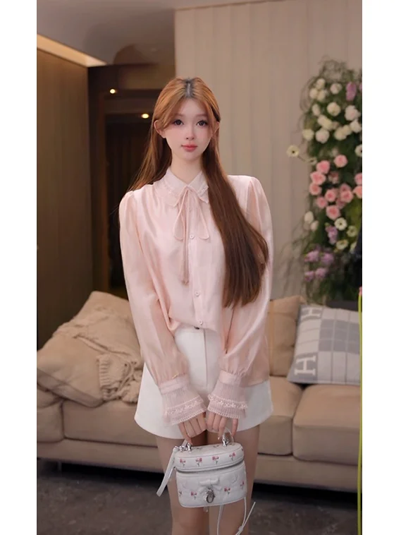 

Элегантная розовая женская рубашка: новая летняя модель свободного кроя с длинным рукавом, на пуговицах, укороченная, модный дизайн, нестареющий стиль