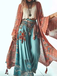 Women Long Sleeve Cardigan Summer New Thin Loose Bohemian Print Mid-length Cardigan Holiday Fashion Vintage Sunscreen Jacket