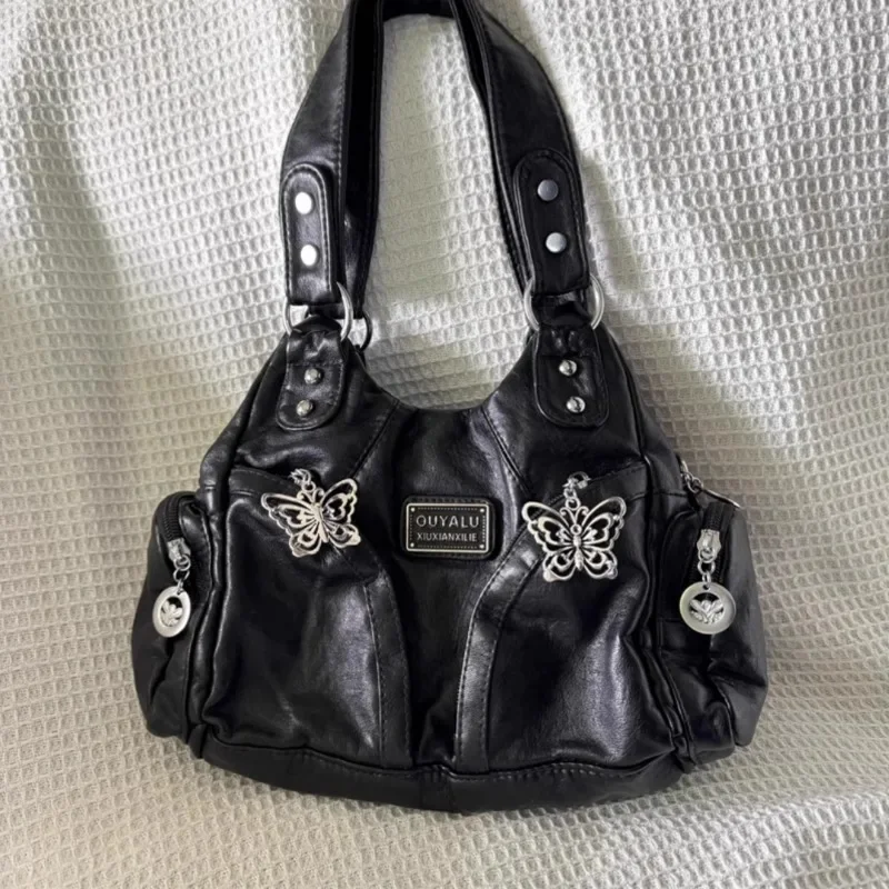 Y2k tas bahu hitam wanita, Tote Bag kulit motor Vintage kapasitas besar mode canggih Gotik