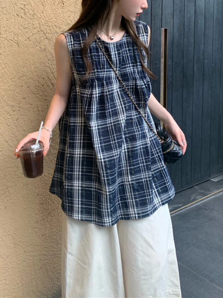 Japan Fashion Plaid Mid Length Shirts Women Summer New Loose Sweet Tops Streetwear Cute All Match Design Sense Sleeveless Top