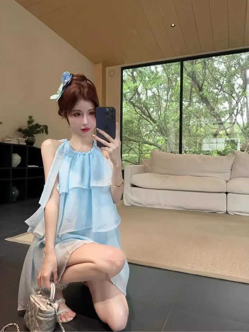 Pure Desire Hanging Neck Design Sense Multi Layered Cake Fashion Dress Elegant Summer Blue Mini Dress Sweet Korean 69LC