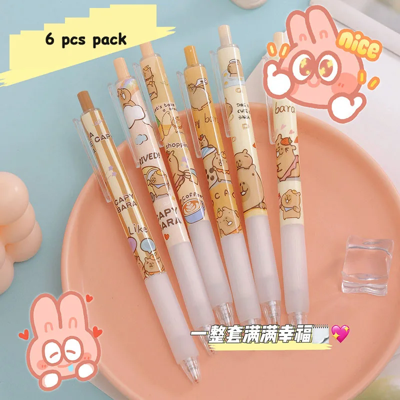 Kawaii 6 PCS Gel Pens Capybara Quick Drying Office Stationery Funny Pressing Pens Smoothly Writing Aesthetic School Supplies