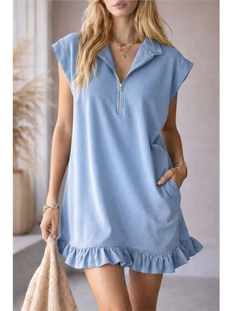 

Summer New V-Neck Hem Ruffled Mini Dress Fashion Collar Zipper Sleeveless Women Loose Dress Simple Solid Color Casual Dresses
