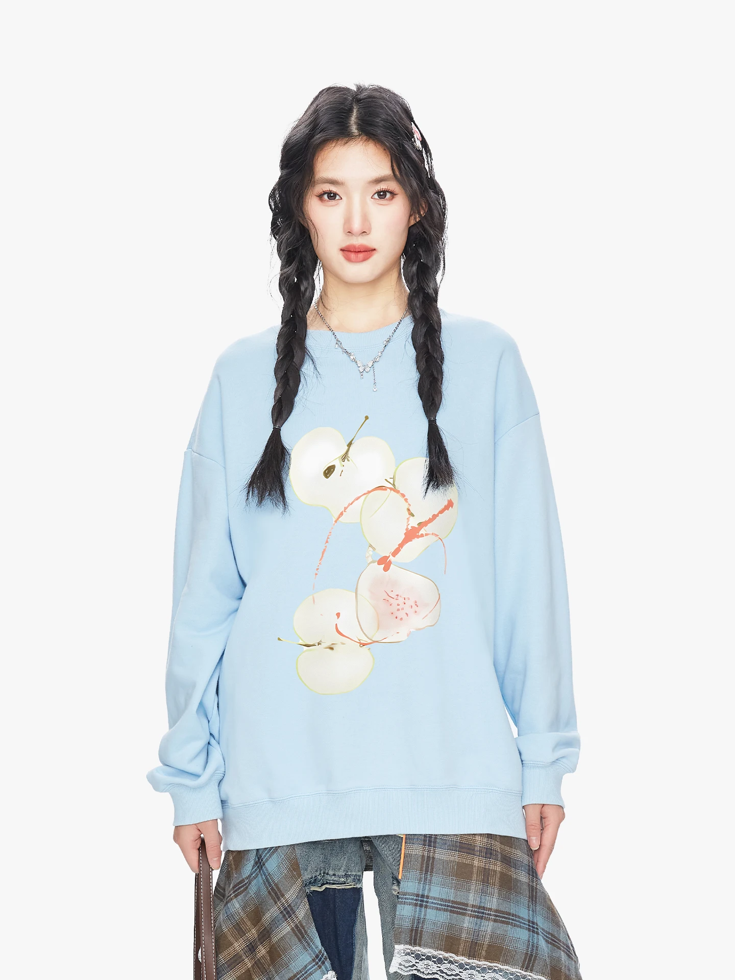 프리덤 한국 스타일 라운드넥 애플 프린트 스웨트셔츠 여성 캐주얼 유니크 탑 코튼 폴리에스터 혼방 긴팔 후드티