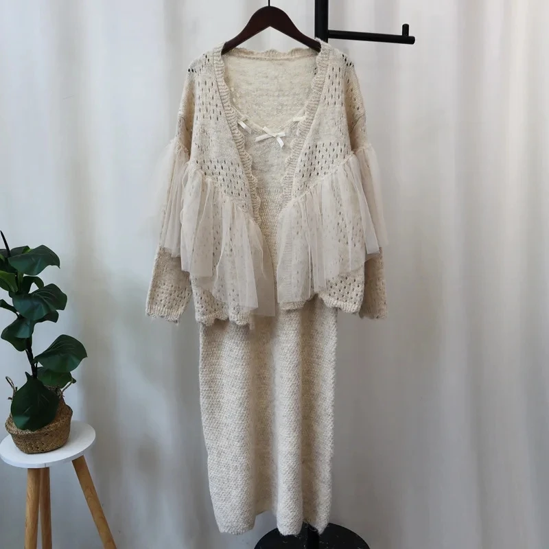 Women's  Sweet Loose Fit Cut-Out Mesh Paneled Knitted Cardigan Tank Dress 2-Piece Sweater Set  2026 Autumn Winter New Style