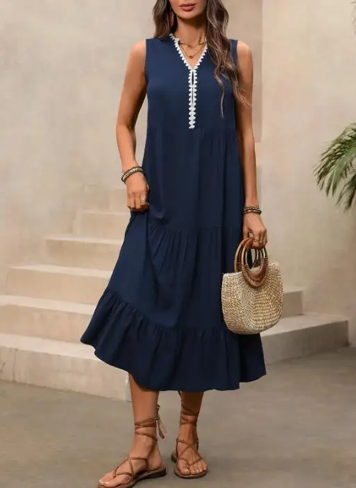 

Women's Dress 2026 Summer New Fashionable Color Blocking Elegant Temperament Casual V-Neck Ruffled Sleeveless Loose Long Dress