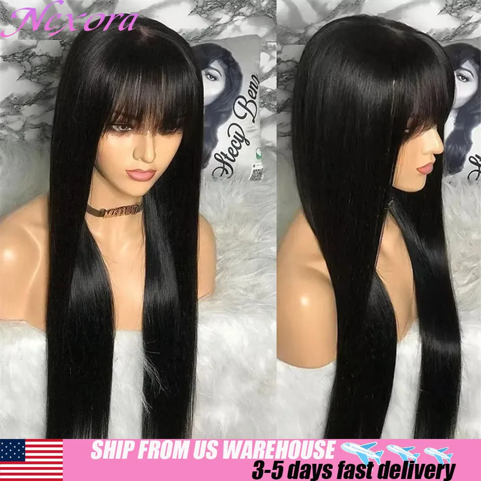 Nexora العظام شعر طبيعي مفرود الباروكات مع الانفجارات آلة كاملة 1b شعر مستعار أسود لا الدانتيل 3x1 الجزء الأوسط باروكة من شعر طبيعي للمرأة