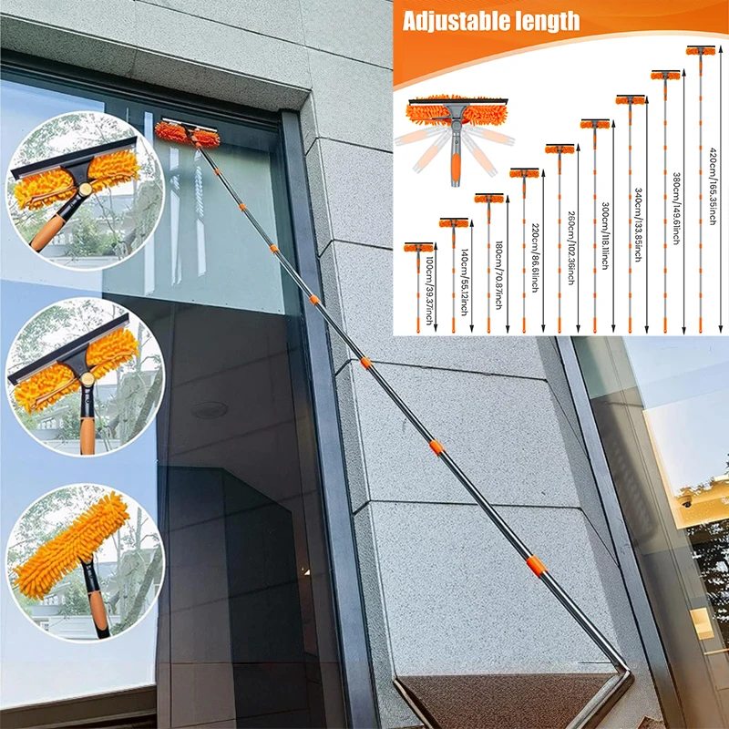 

180° Swivel Window Glass Cleaning Tools 2 in 1 Double Sided Glass Squeegee Cleaner Duster Mop Extended Window Cleaning Kit