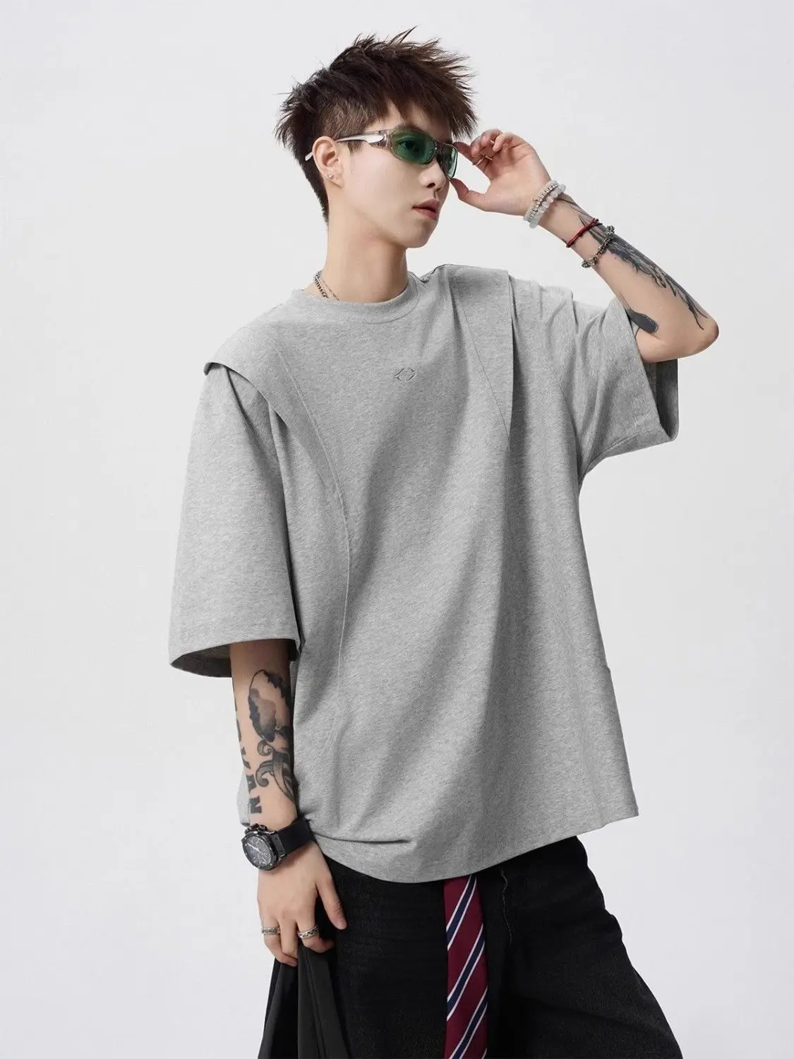 Short-sleeved T-shirt Men Summer High Street Round Neck Pullover Loose Solid Color Top