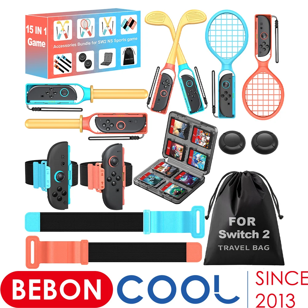 BEBONCOOL 15 in 1 All In One Sports Accessories Bundle for Switch2 Game Kit Golf Tennis Racket Wrist Strap Travel Bag