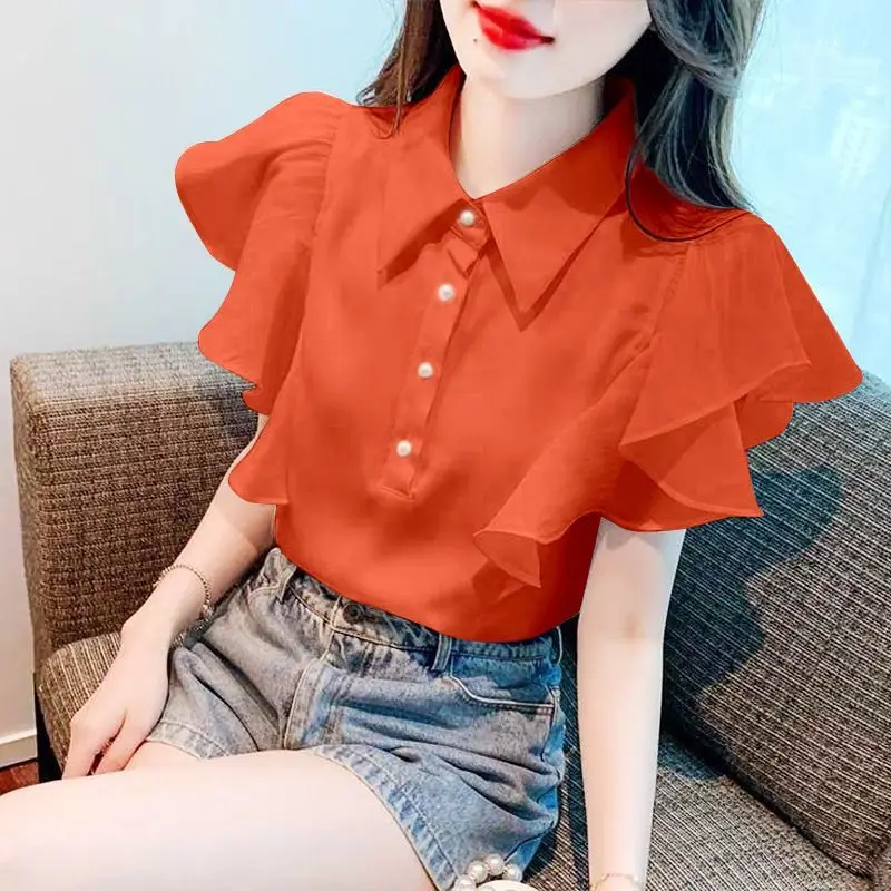 Clothes for Women Summer Fashion Ruffles Sweet Chic Blouses Lapel Elegant Commute Shirts Casual Solid Loose Tops Blusa Feminino