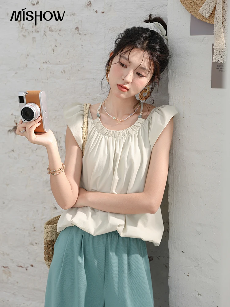 

MISHOW Women's Beading Hanging Neck Tie Short Blouses 2024 Summer Korean Flying Sleeve Solid Square Neck Doll Tops MXD28X1482