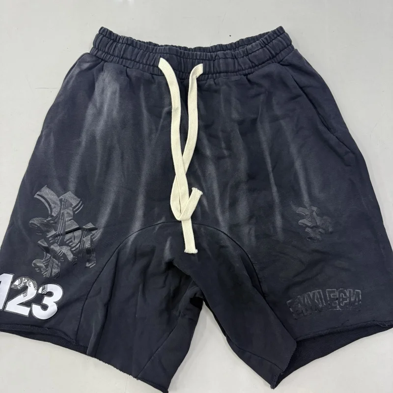 Vintage Washed 123 Print Baggy Shorts Men Streetwear Cotton Sweat Shorts