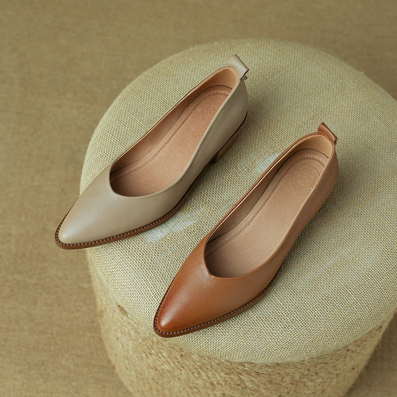 2024 new spring Women\'s pumps 22-24.5cm length natural leather sheepskin+pigskin full leather pointed toe thick heel women