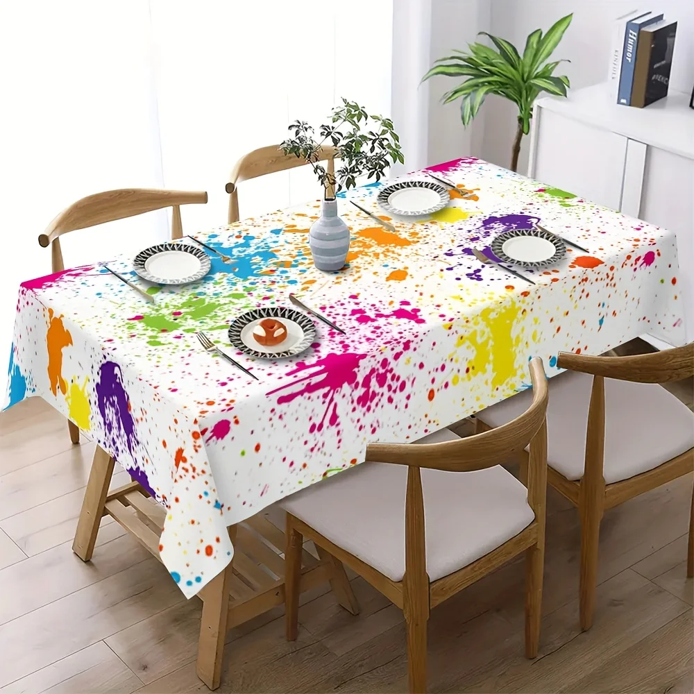 Colorful pigment splatter pattern, suitable for rectangular polyester tablecloths in restaurants.