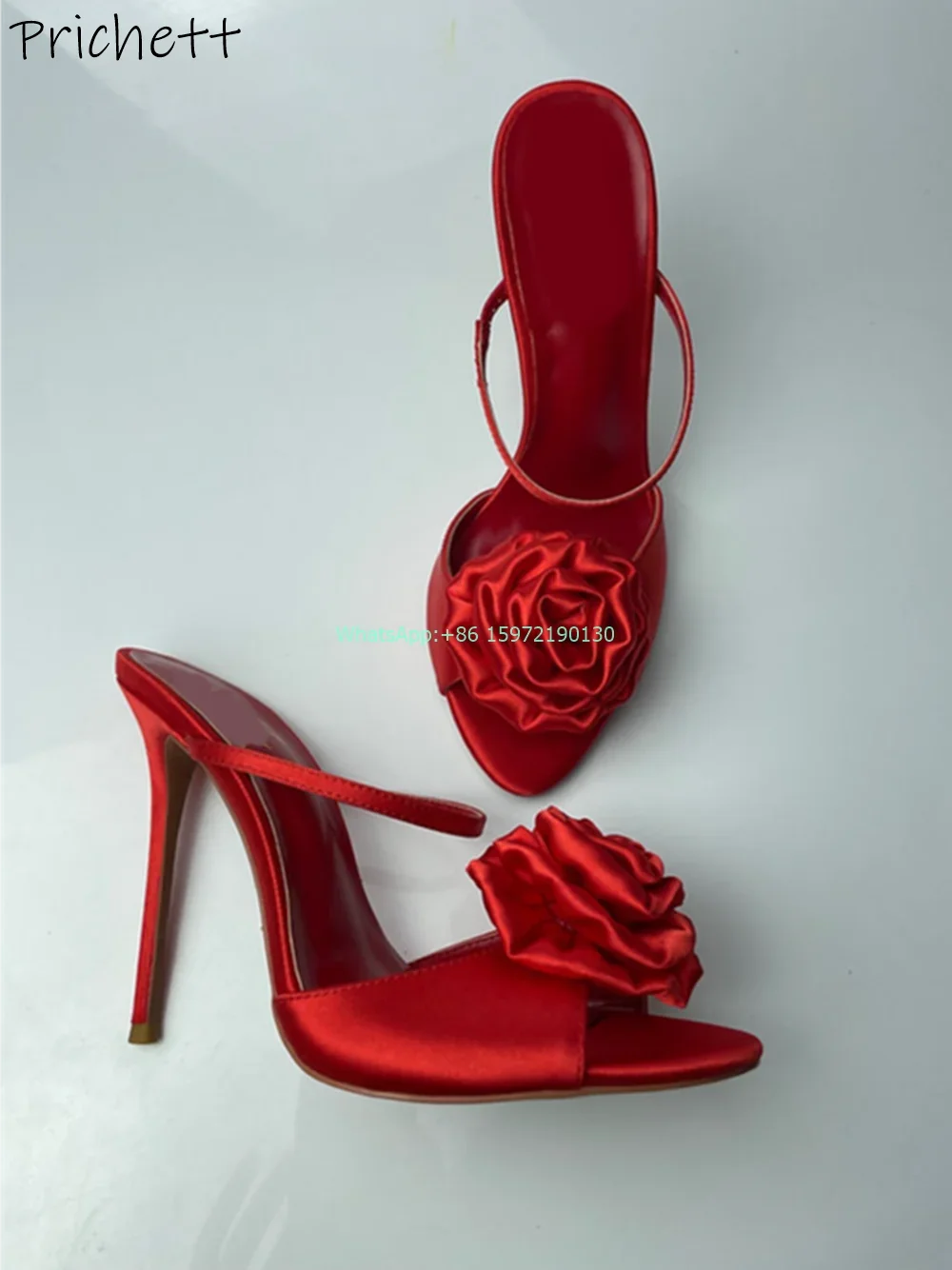 Satin Rose Two Way Wear Sandals Peep Toe Thin Heels Solid Slip On Outdoor Slippers Women's Luxury Red Pleated Flower Shoes
