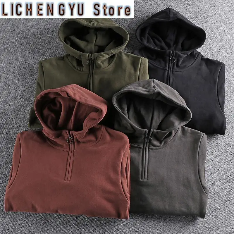 

Autumn Winter American Retro 500g Heavyweight Hooded Hoodies Men's Pure Cotton Washed Youth Thickened Velvet Casual Sweatshirt