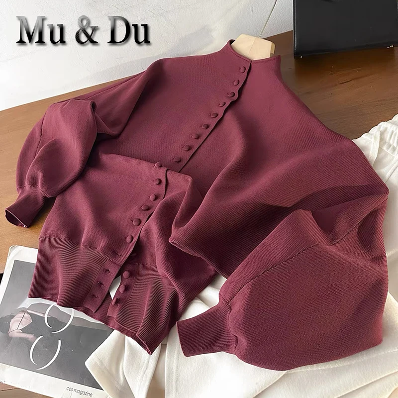Mu&Du Single Breasted Cardigan Coat New Soft Comfortable Stand-Up Women Simple Collar Sweater Autumn Solid Knitted Outerwear