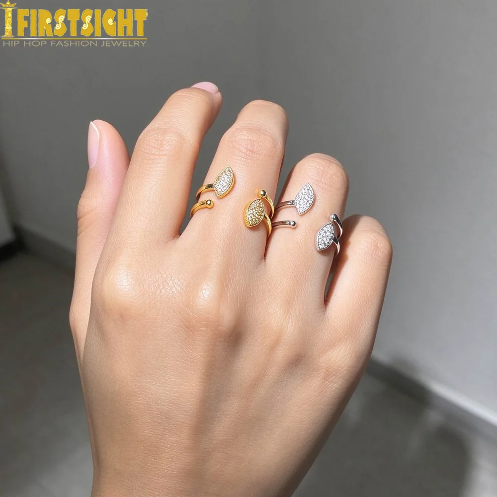 New Geometric Zircon Ring Open Marquise CZ Paved Rhinestone Ring Retro Personalized Stackable Rings Hand Jewelry