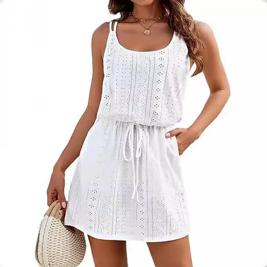 

Summer Befree Lace Hole Long Vintage Casual Bandage Elegant Mini Vest Tank Pockets Dress Sleeveless Vestidos Party Sexy Women