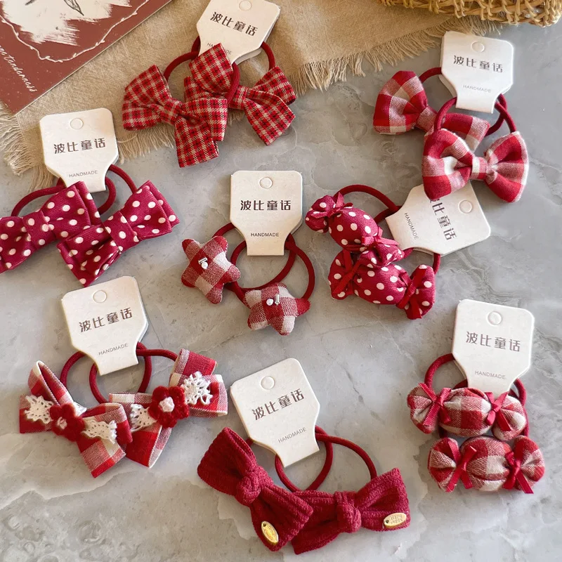 Red Wine Plaid Bow Hair Ties for Girls Kids Candy Color High Elasticity Ponytail Holders Cute Daily Headwear Accessory