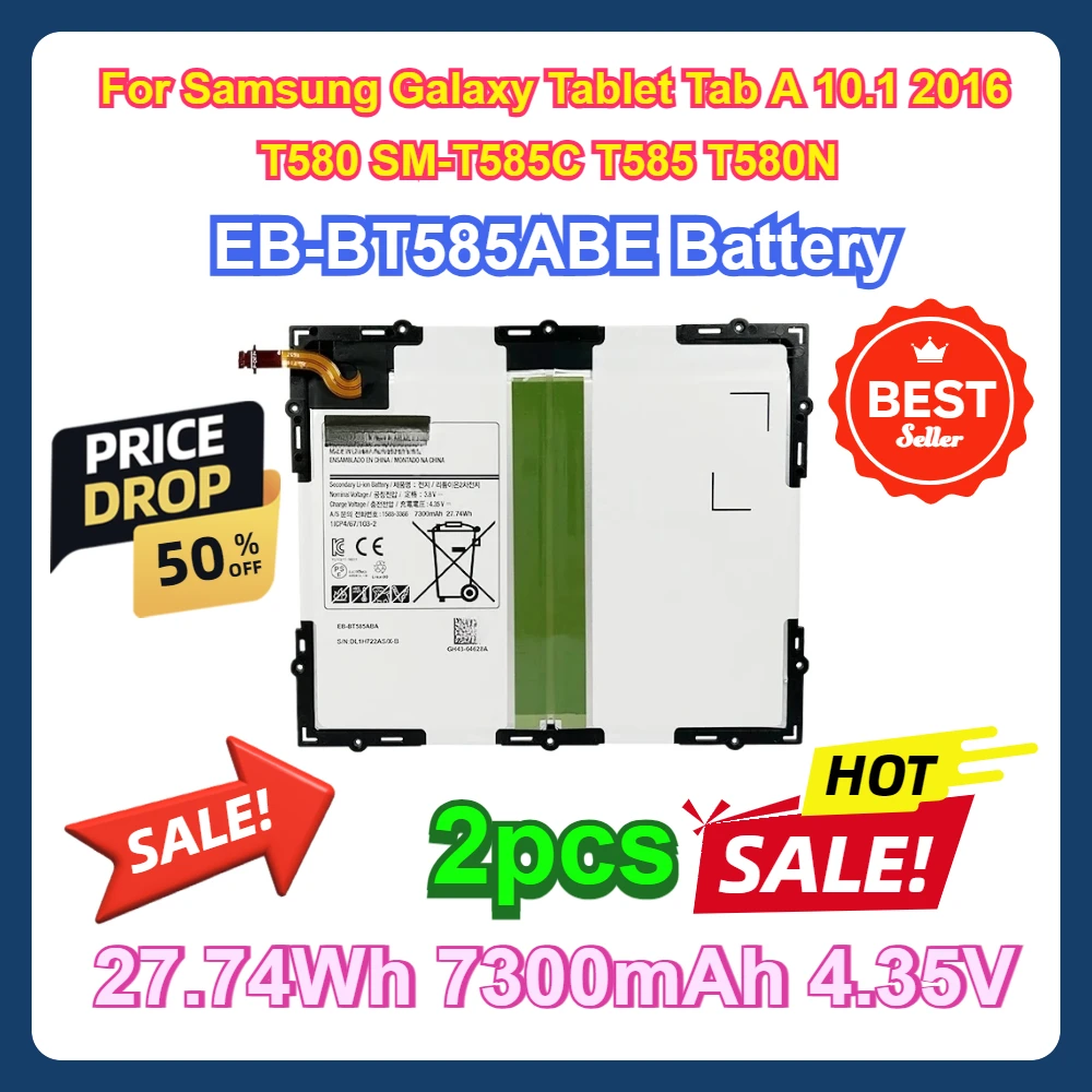 

2pcs For Samsung Galaxy Tablet Tab A 10.1 2016 T580 SM-T585C T585 T580N 27.74Wh 7300mAh 4.35V EB-BT585ABE Battery