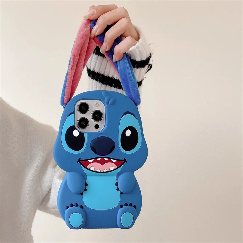 Para iPhone 16 15 14 Plus 13 Pro Max 12 11 Kawaii Sit Stitch correa de botón de oreja grande funda de teléfono suave de silicona de dibujos animados lindos