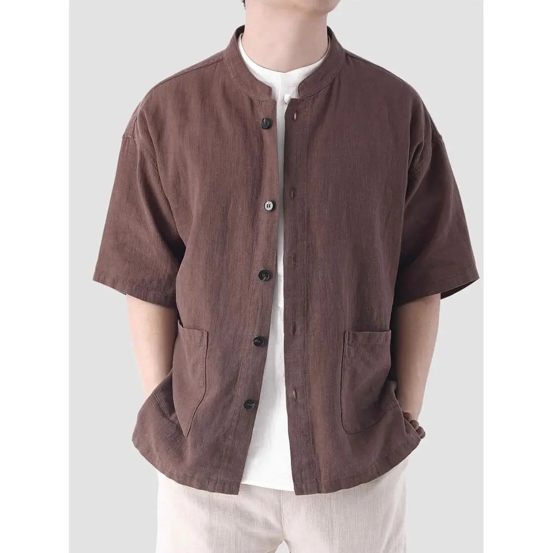 New Chinese Style Men's Casual Shirt Short Sleeve Loose Fit Breathable Summer New Loose Polyester Stand Collar Half Sleeve