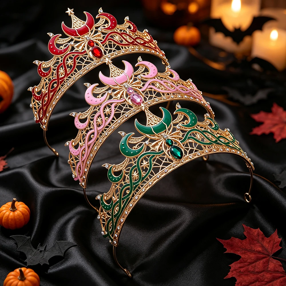 1pc Gold Tiara Crown Moon Star Spider Design Women Halloween Cosplay Witch Queen Party Headdress Hair Accessories Headband