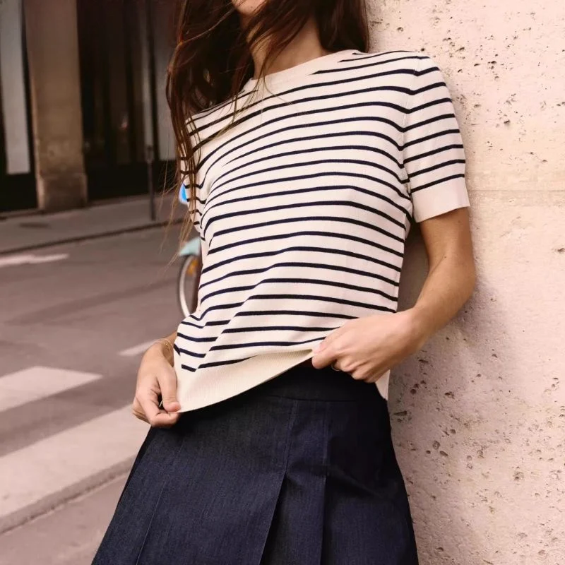 

Simple Stripe Knit ort Sve round Ne T-irt Women's New Arrival Spring Summer Casual Basic Sle Chinese Brandl Com...