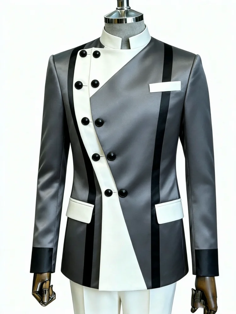 Mens Mandarin Collar Contrast Striped Blazer Slim Fit Asymmetrical Double Button Formal Business Evening Jacket