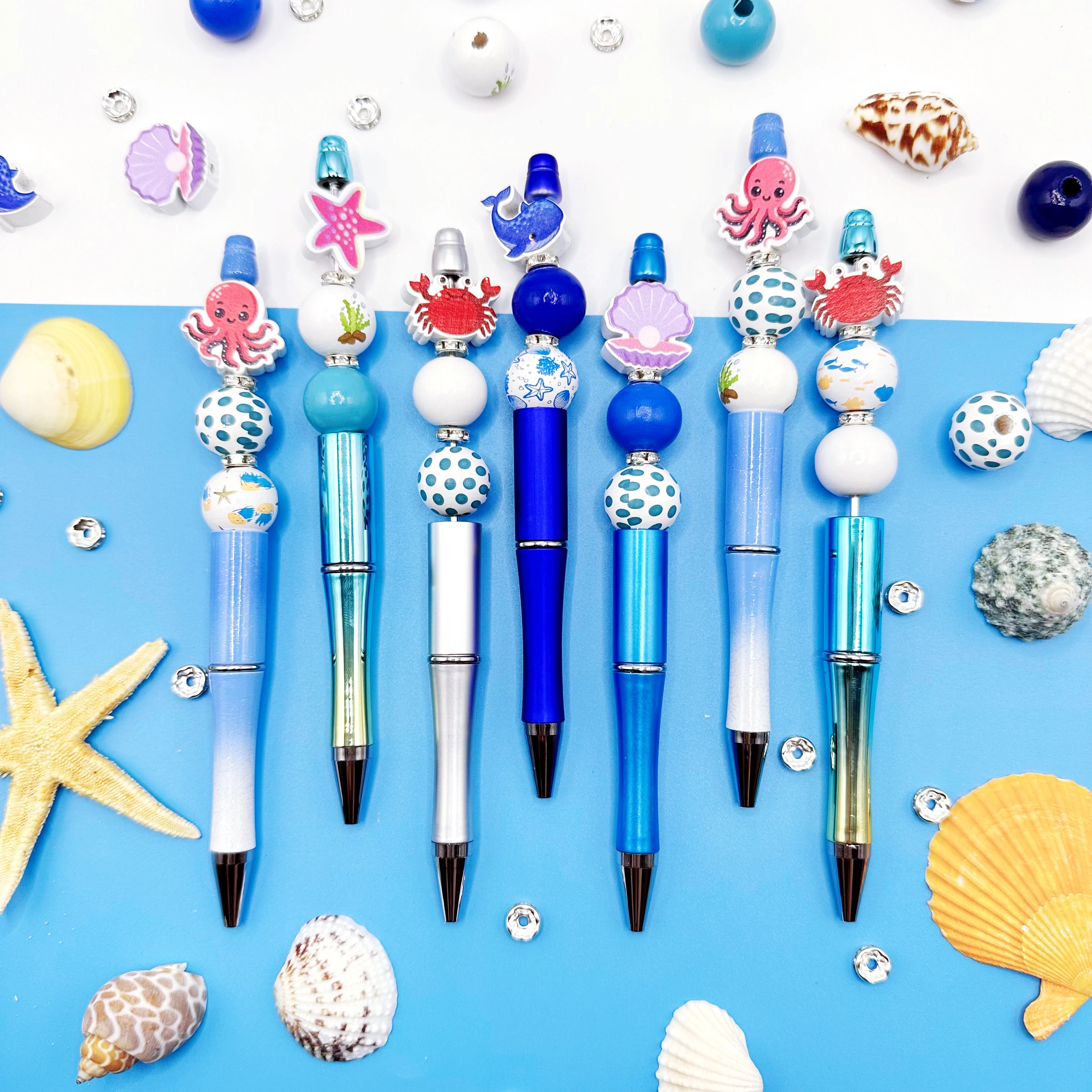 7個入り水中世界カニタコクジラヒトデ貝殻テーマDIYビーズボールペンと木製ビーズセットDIYビーズ用品