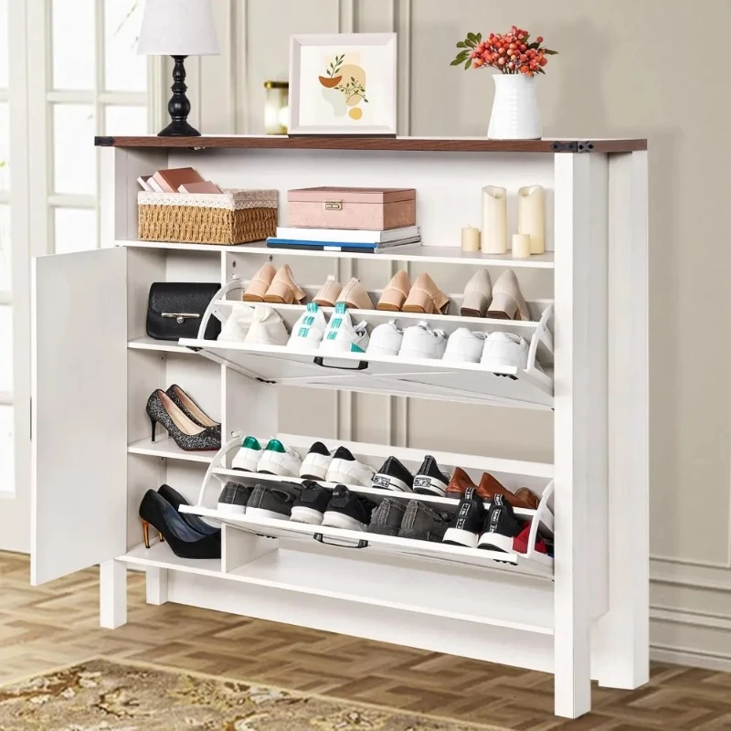 shoe storage cabinet with 2 flip drawers, 1 freestanding  organizer, 2 shelf, wooden entryway storage farmhouse shoe c