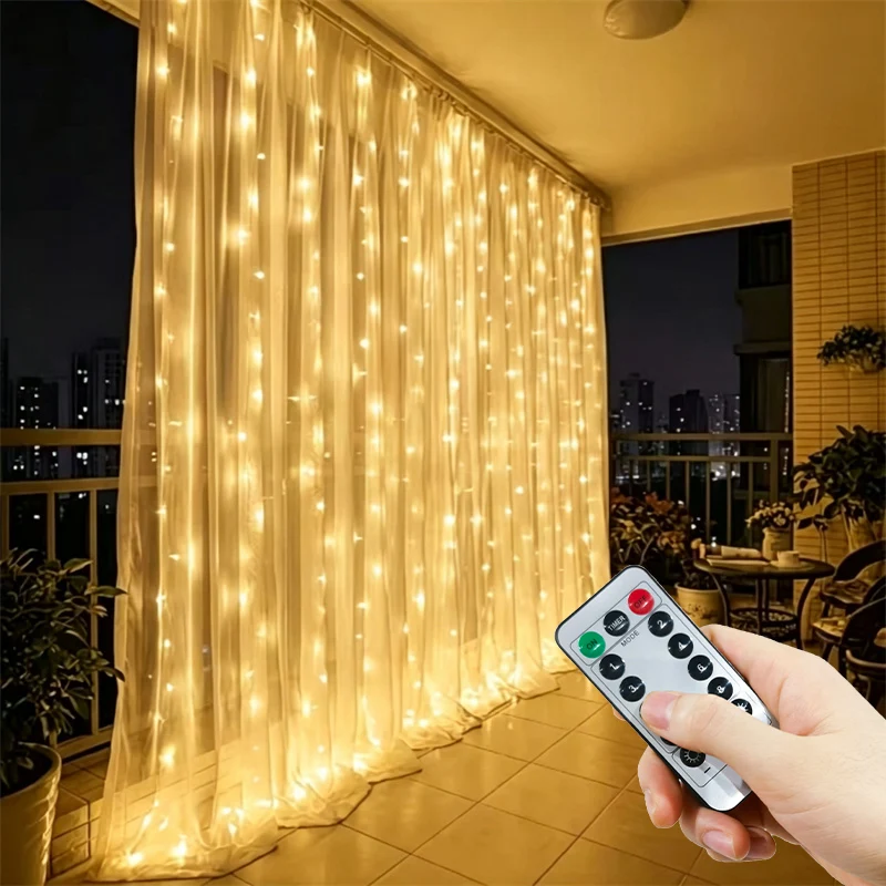 Xmas Curtain LED Lights with Remote 8 Modes USB Plug String Lights Wedding Party Window Christmas Halloween Decorations for Home