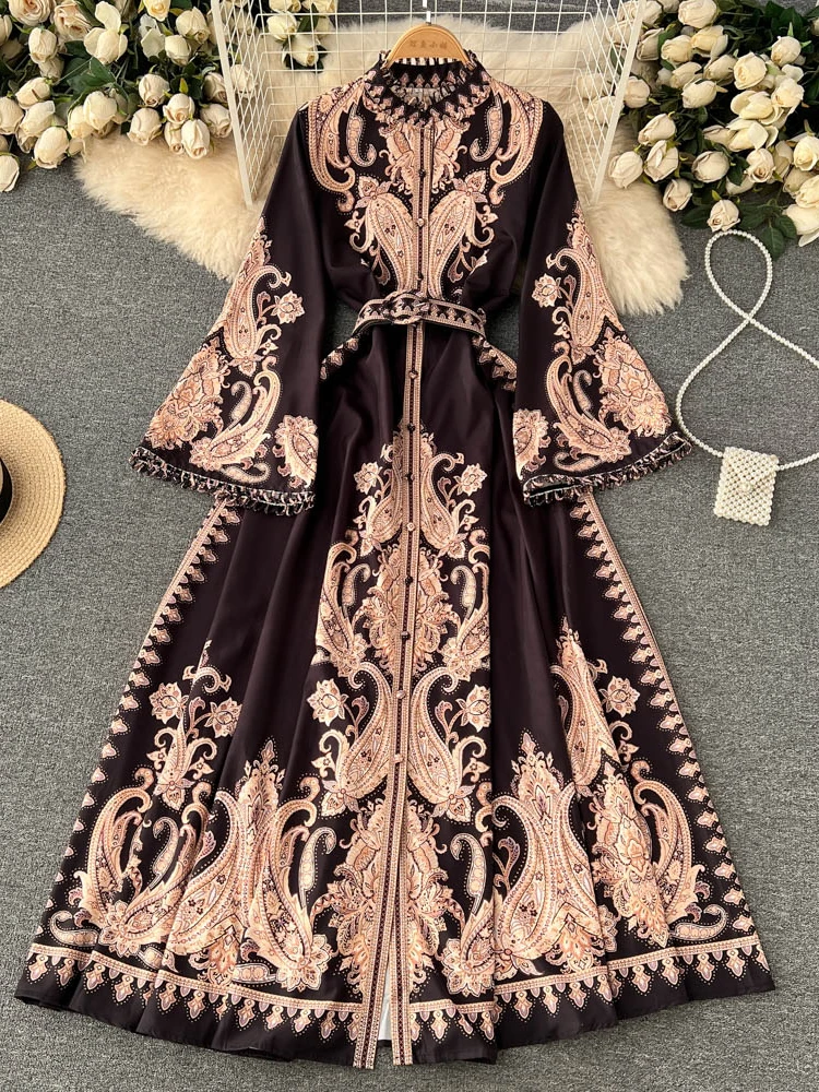 Temperament Belt Dress 2024 Vestidos De Mujer Flare Sleeve Print A-line Dresses for Women Slim Waist Stand Neck Robe Femme Wj