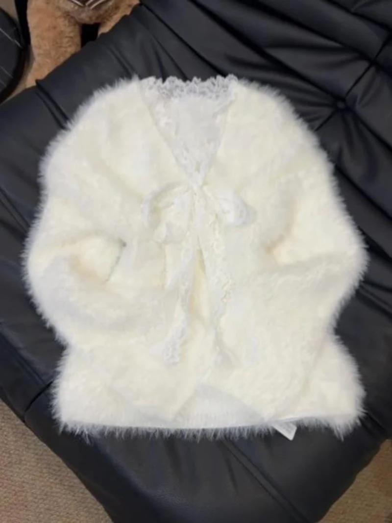 Spitze Patchwork V-ausschnitt Pullover Für Frauen Frühling Herbst Lose Faux Nerz Pelz Plüsch Weiß Top Weiche Vielseitig Warme Solide Pullover
