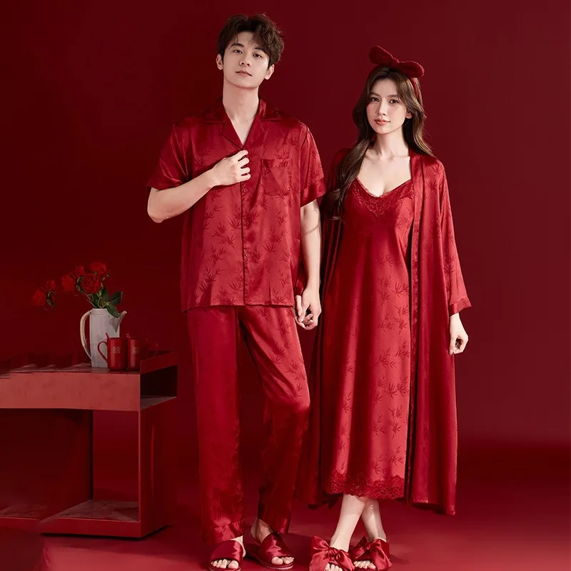 Red Wedding Pajamas Newlywed Couple Set Ice Silk Morning Gown Groom and Bride Wedding 2026 New Summer Wedding