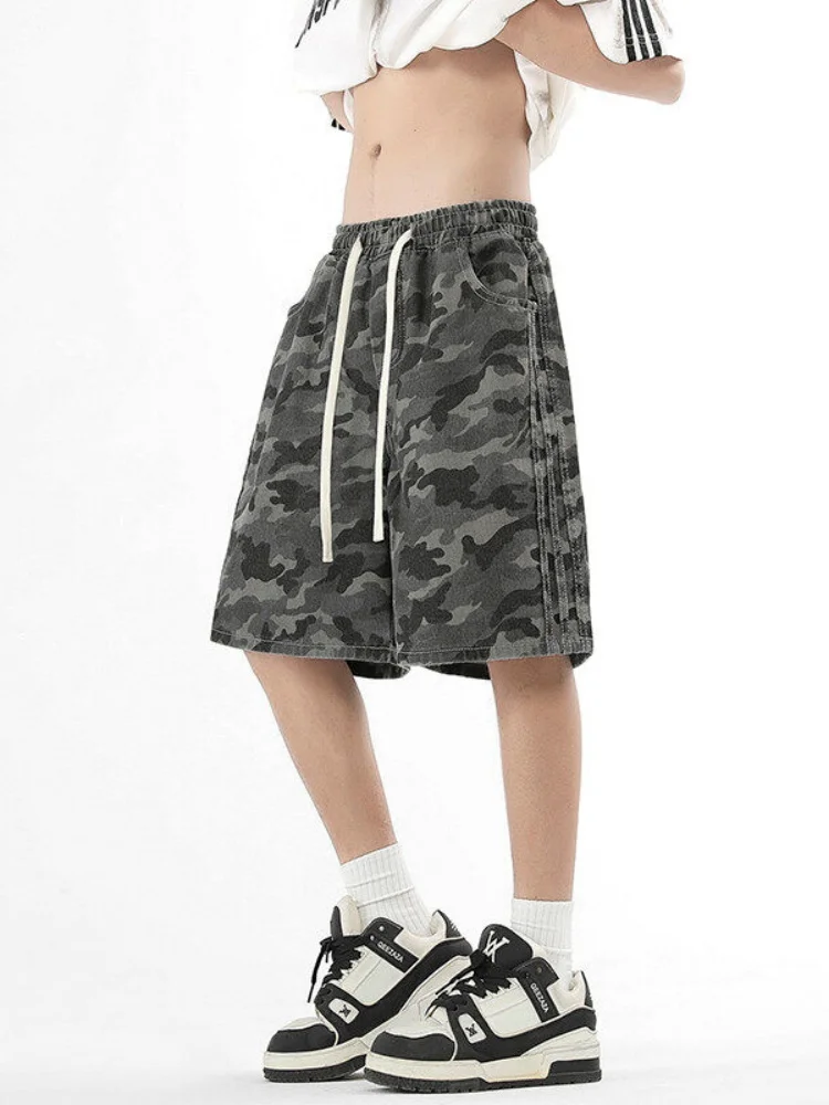 American Retro Camouflage Denim Shorts Men's Loose Casual Straight Loose Handsome Summer Workwear Five-Point Pants