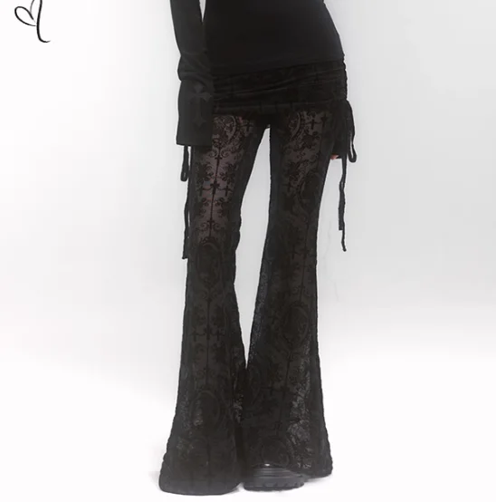 Temperament Subculture Fake Two-piece Black Lace Micro-flared Pants Goth Women High Waist Versatile Fashion Versatile Trousers