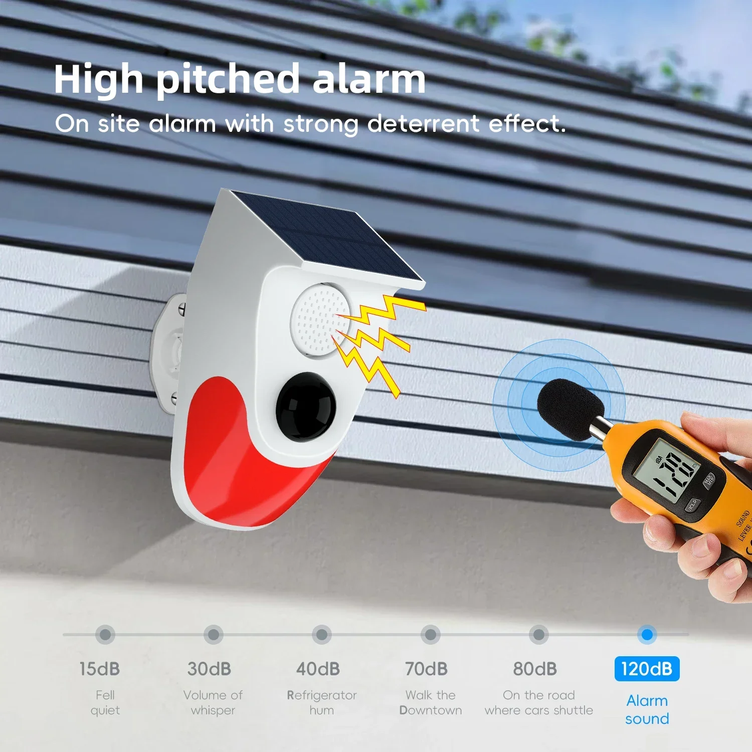 Sensor de movimiento de alarma de sonido Solar con Control remoto, sirena de 120dB, alerta de sonido, advertencia de Flash, sistema de alarma de seguridad estroboscópico para el hogar