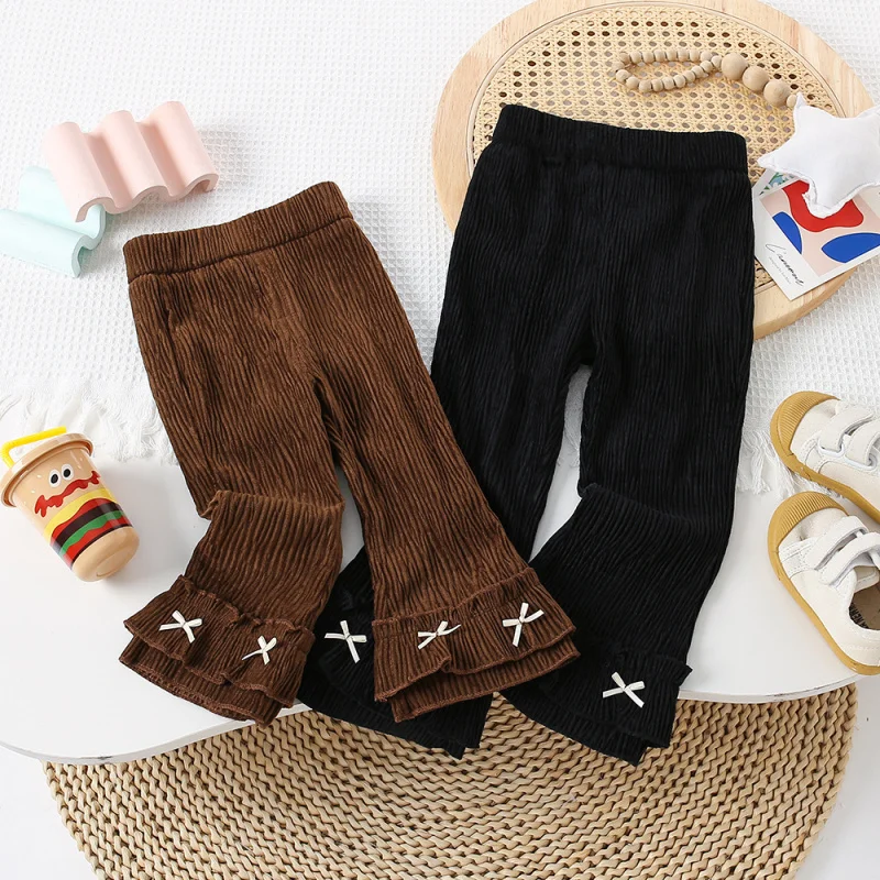 Kxkm-Girls' Fall Casual Pants Western Style All-Matching Corduroy Trousers New Autumn Pants Lace All-Match Black Trousers